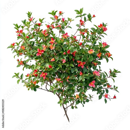 Shrub with small red and yellow flowers, green leaves on a white background, cut out as a PNG file with a transparent background. generative ai