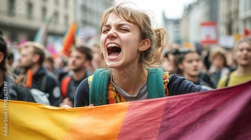 angry female activist passionately shouts amidst a crowd at a demonstration, holding a wide banner with an open space for messages, embodying the spirit of protest
