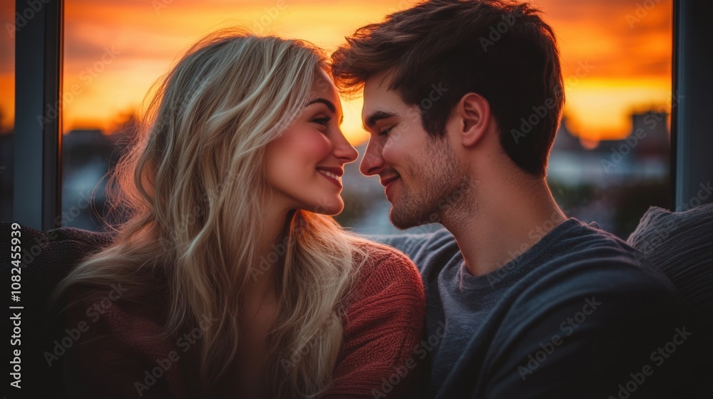 Romantic couple sharing a tender moment against a beautiful sunset backdrop, showcasing love, affection, and intimacy in a cozy indoor setting with soft lighting. Romantic couple sharing a tender moment against a beautiful sunset backdrop, showcasing love, affection, and intimacy in a cozy indoor setting with soft lighting.