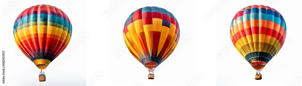 Fototapeta premium Three hot air balloons with colorful striped patterns are floating in the sky, against a plain white background.