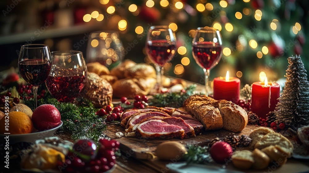 Holiday Dinner Table with Roasted Meats, Wine, and Christmas Lights for Festive Gatherings Holiday Dinner Table with Roasted Meats, Wine, and Christmas Lights for Festive Gatherings