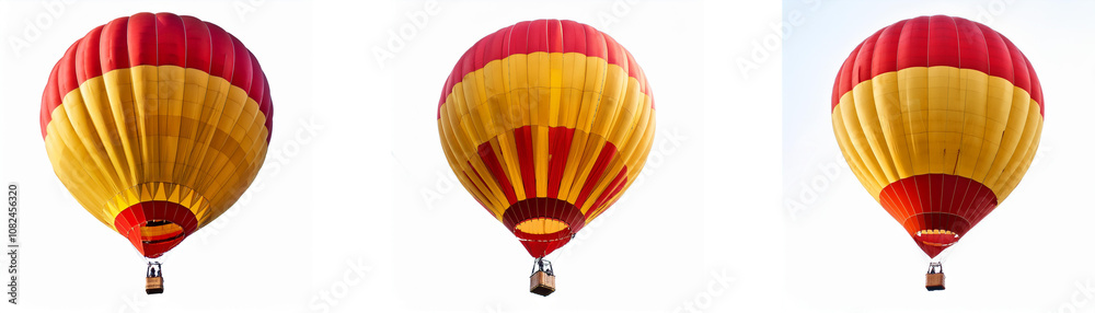 Fototapeta premium Three red and yellow hot air balloons are shown in a white sky.