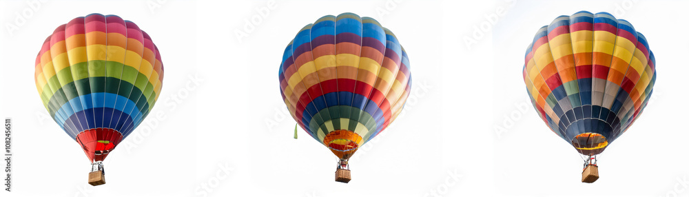 Fototapeta premium Three hot air balloons, each with a different color scheme, float against a white sky.