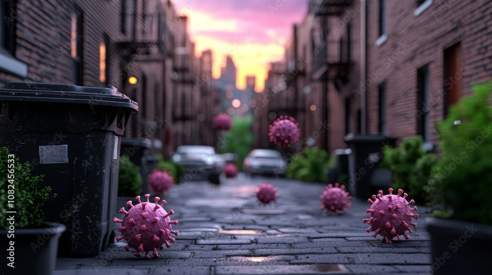 Fototapeta premium Pink virus particles float down an empty city street.
