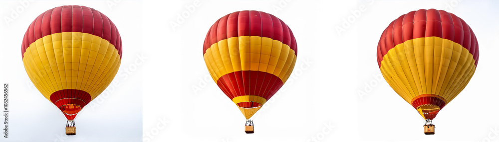 Obraz premium Three red and yellow hot air balloons are seen against a white background.