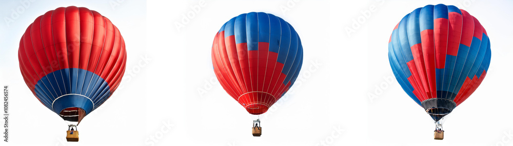 Fototapeta premium Three red and blue hot air balloons are floating against a white background.