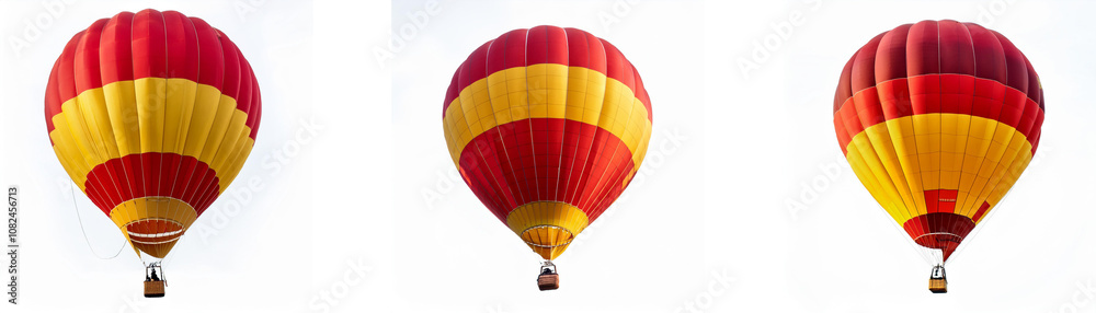 Fototapeta premium Three red and yellow hot air balloons against a white background.