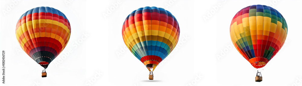 Fototapeta premium Three colorful hot air balloons are displayed against a white background.