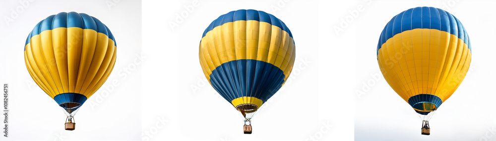 Fototapeta premium Three yellow and blue hot air balloons against a white background.