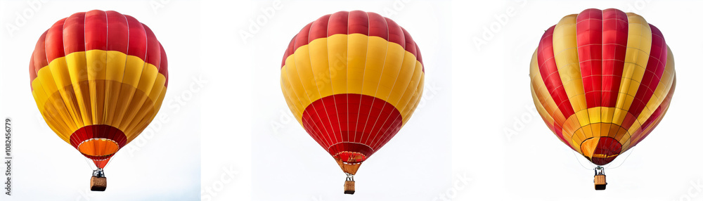 Fototapeta premium Three colorful hot air balloons against a white background.