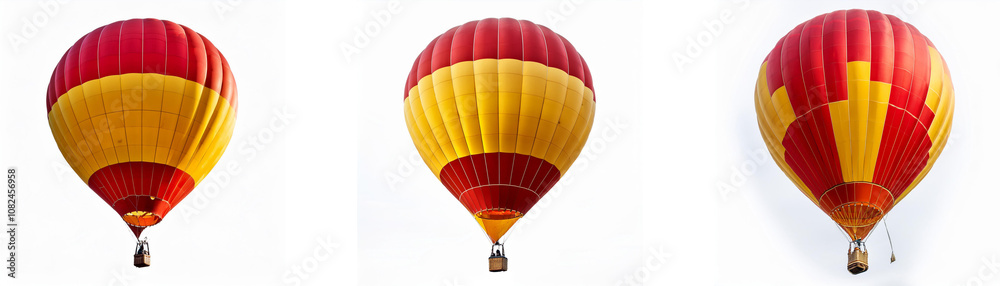 Fototapeta premium Three red and yellow hot air balloons against a white background.