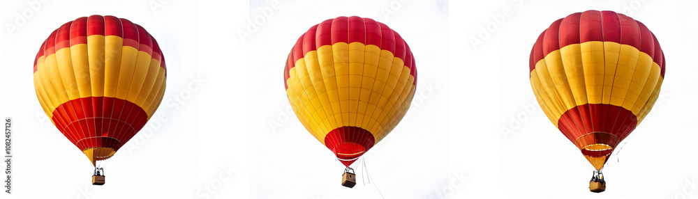 Fototapeta premium Three red and yellow hot air balloons against a white background.
