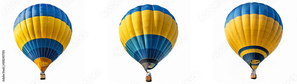 Obraz premium Three hot air balloons in flight with yellow and blue colors.