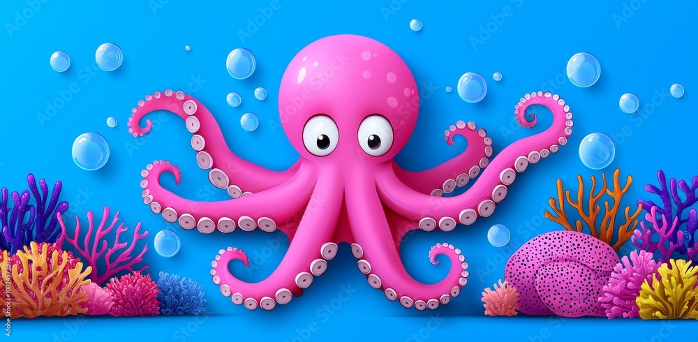 Marine animal with tentacle and cute face swimming underwater. Seabed landscape with corals, seaweeds, and bubbles. Marine animal with tentacle and cute face swimming underwater. Seabed landscape with corals, seaweeds, and bubbles.