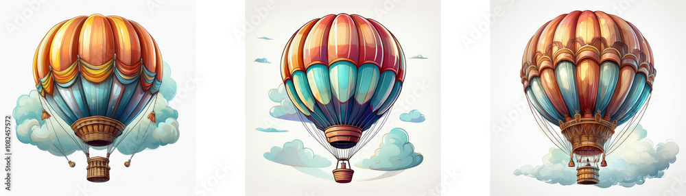 Obraz premium Three colorful hot air balloons with baskets, each in a different color scheme, floating above clouds.