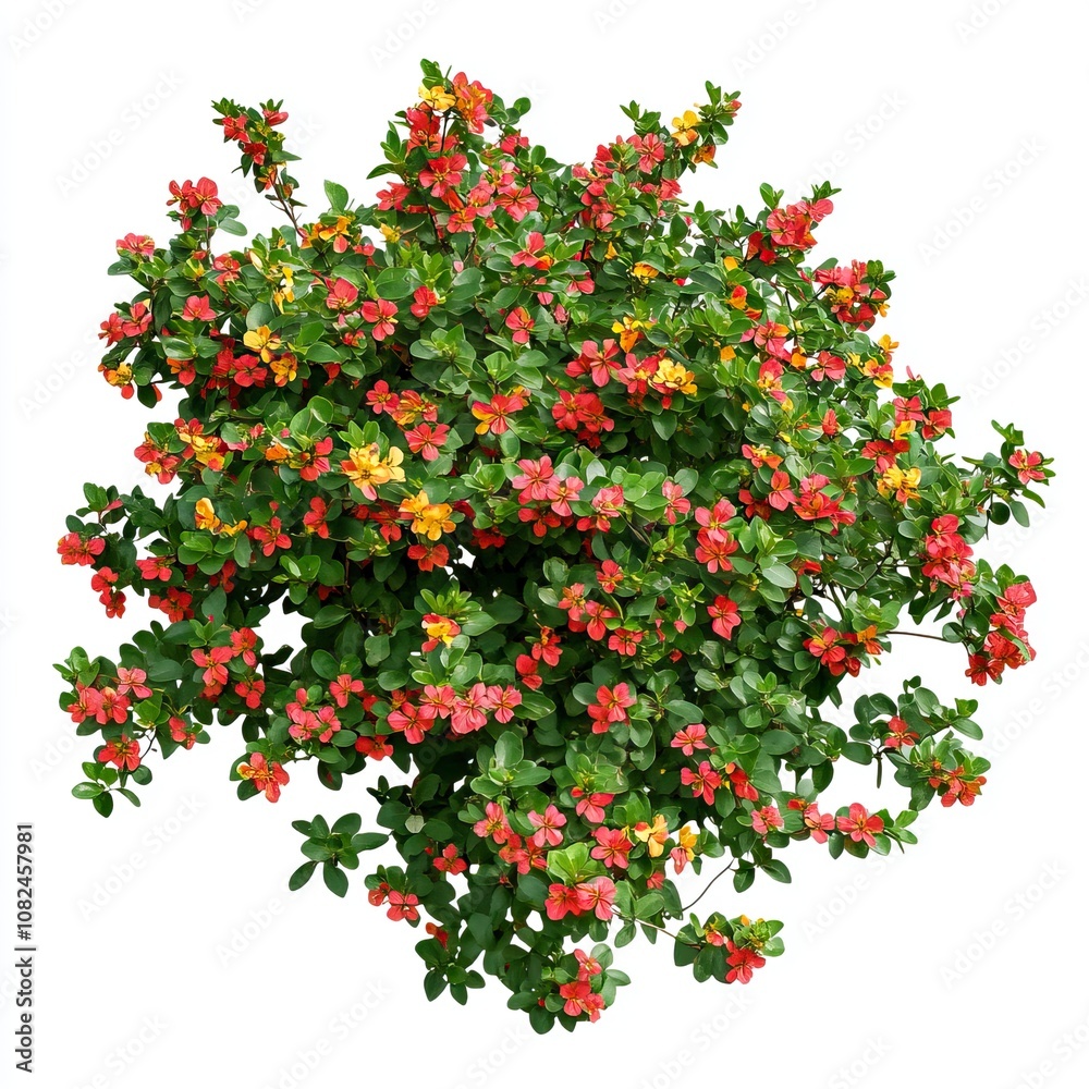 Shrub with small red and yellow flowers, green leaves on a white background, cut out as a PNG file with a transparent background. generative ai Shrub with small red and yellow flowers, green leaves on a white background, cut out as a PNG file with a transparent background. generative ai