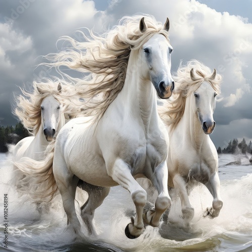 the AI Image Generator, white horses galloping, running along the beach