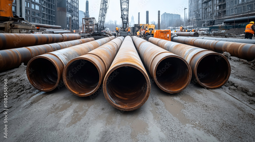 Large rusty metal pipes laid out on a construction site with cranes and workers in the background, surrounded by modern buildings in an urban area Large rusty metal pipes laid out on a construction site with cranes and workers in the background, surrounded by modern buildings in an urban area