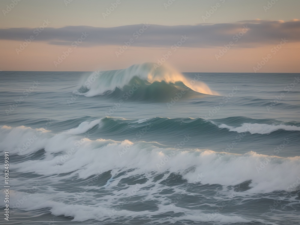 A stormy ocean with large waves crashing against a sandy shore, a cliff face, and distant hills A stormy ocean with large waves crashing against a sandy shore, a cliff face, and distant hills