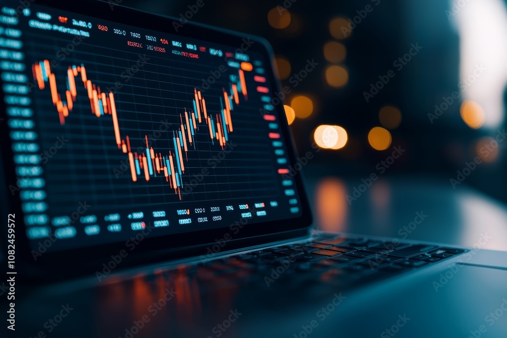 A close-up view of a laptop displaying dynamic stock market graphs and metrics in a modern office setting. A close-up view of a laptop displaying dynamic stock market graphs and metrics in a modern office setting.