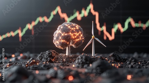 Conceptual illustration depicting the synergy between renewable energy and artificial intelligence, showcasing a brain-like tree with wind turbines overlaid by a rising graph. photo