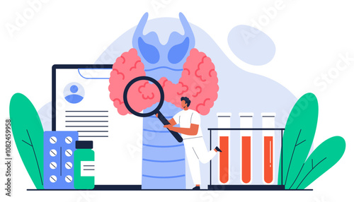 Endocrinology concept. Endocrinologist  doctor with magnifying glass check up thyroid gland with trachea. Endocrine disease, healthcare, treatment. Isolated vector illustration in cartoon style
