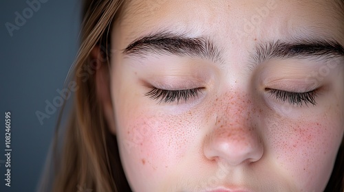 Close-up of a young woman's face with freckles and closed eyes.