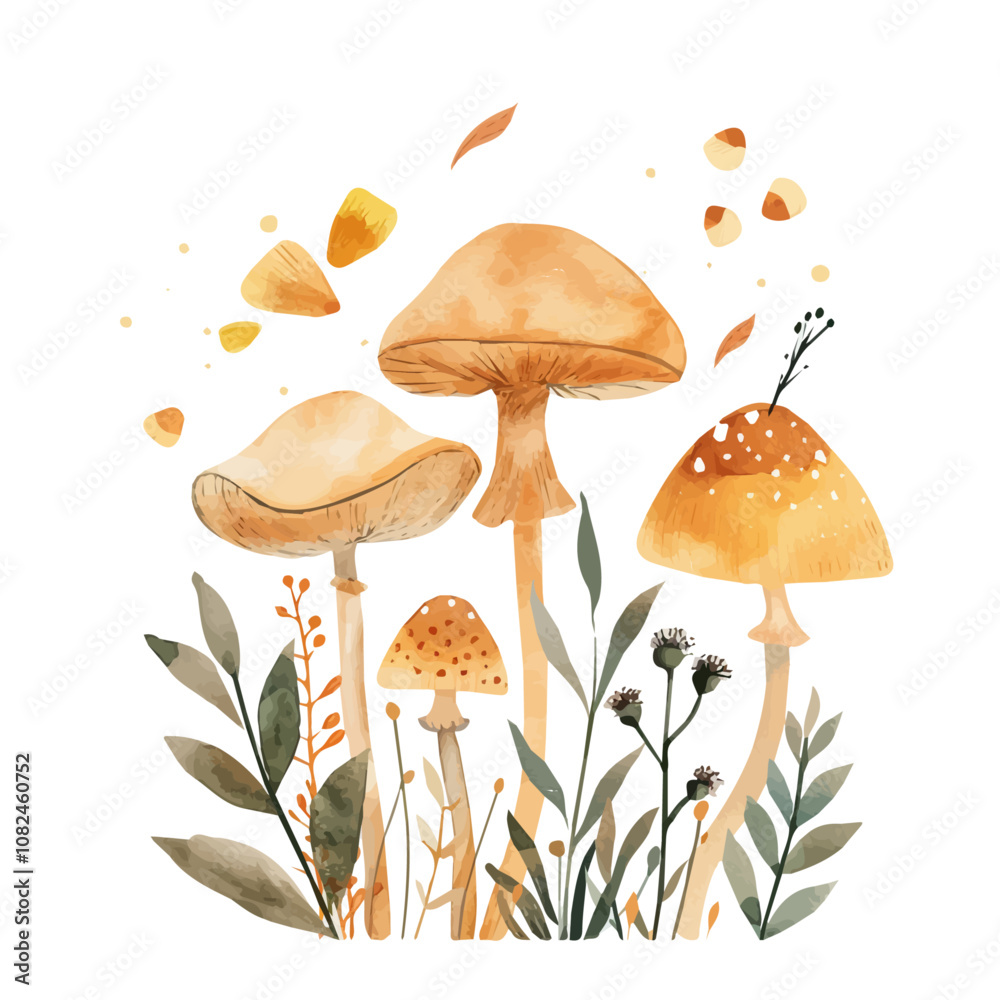 A watercolor drawing of a set of wild forest mushrooms, isolated on a white background. Wild forest mushrooms vector. A watercolor drawing of a set of wild forest mushrooms, isolated on a white background. Wild forest mushrooms vector.