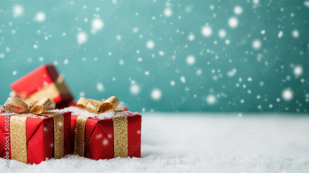 Navidad gift stack in the snow. Festive red gift boxes with gold ribbons scattered in snowy field, creating joyful winter scene. soft snowfall adds magical touch to holiday atmosphere Navidad gift stack in the snow. Festive red gift boxes with gold ribbons scattered in snowy field, creating joyful winter scene. soft snowfall adds magical touch to holiday atmosphere