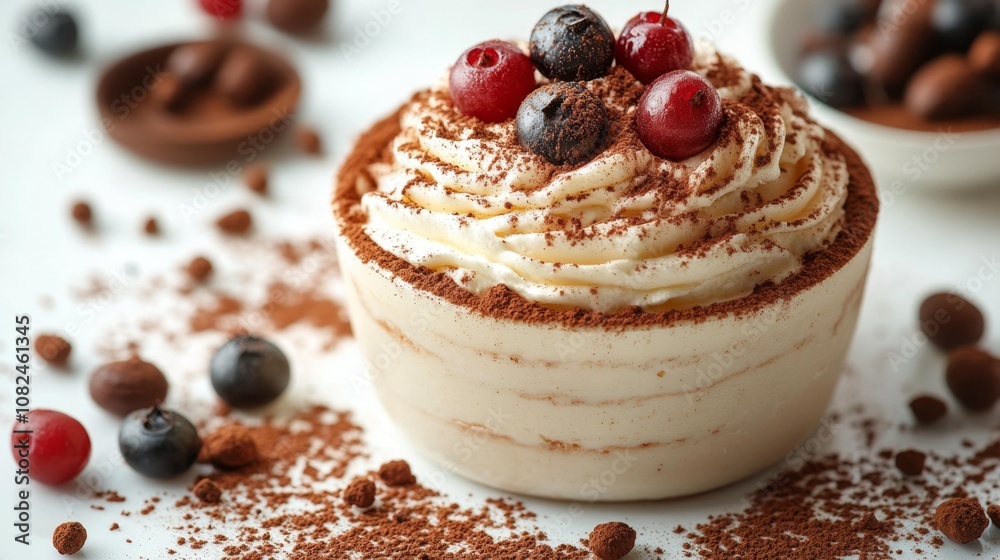 Tiramisu Dessert with Berries and Cocoa on Top. Generative AI Tiramisu Dessert with Berries and Cocoa on Top. Generative AI
