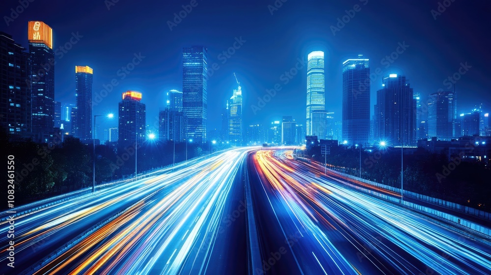 Night Cityscape with Light Trails and Illuminated Skyscrapers, Perfect for Urban Design Themes
