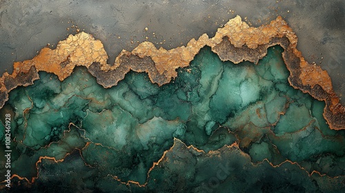 An abstract design featuring teal and gold tones, resembling natural formations.