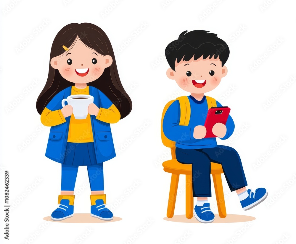Children playing with mobile phones. Dog sitting in a chair, while a girl stands on a stool, using her smartphone. A child games and uses gadgets for studying or playing games. Children playing with mobile phones. Dog sitting in a chair, while a girl stands on a stool, using her smartphone. A child games and uses gadgets for studying or playing games.