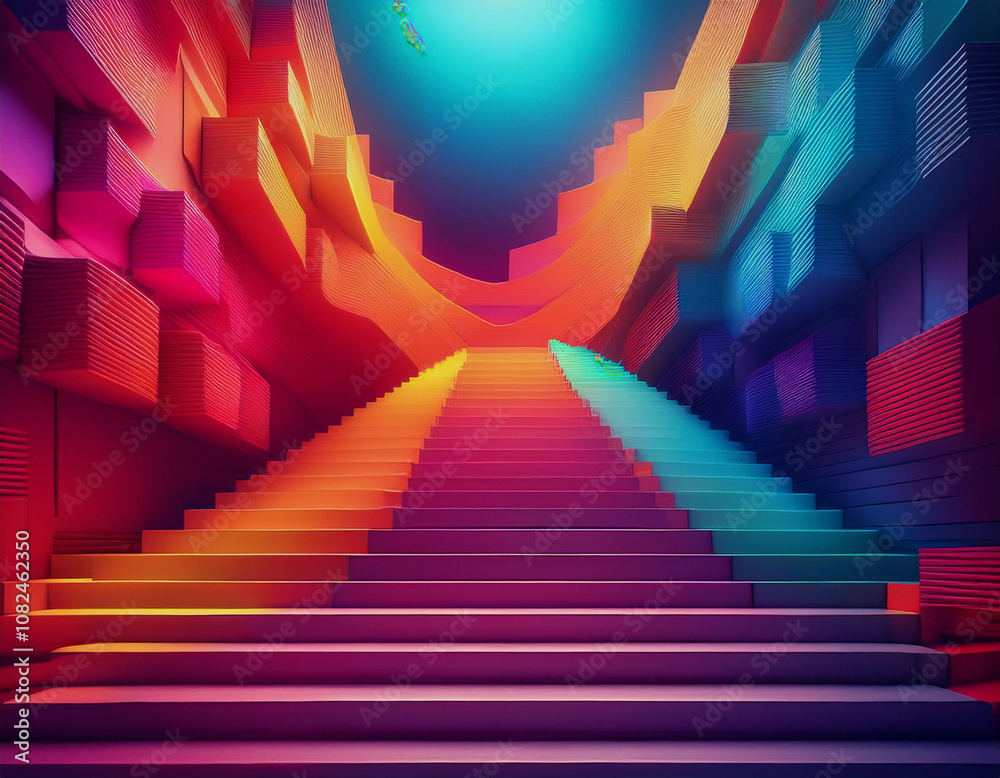A colorful abstract staircase leads up to a bright light. A colorful abstract staircase leads up to a bright light.