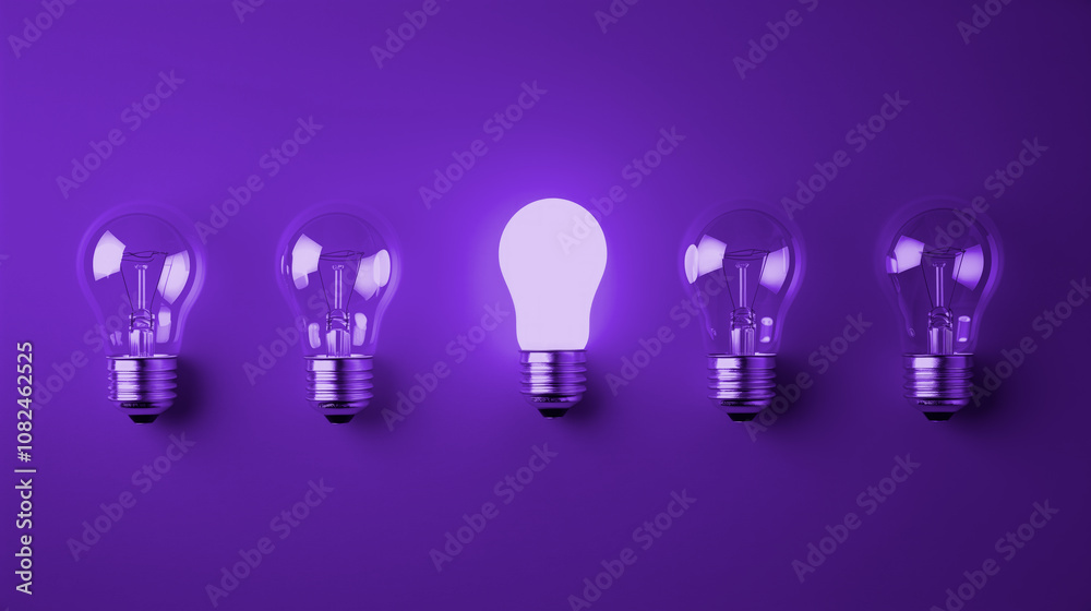 A row of lightbulbs with one turned on, concept image of lightbulb moment of good idea A row of lightbulbs with one turned on, concept image of lightbulb moment of good idea