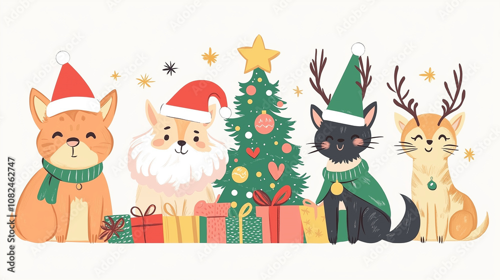 Fototapeta premium Cute cats dressing up for christmas in front of christmas tree, unique illustration background