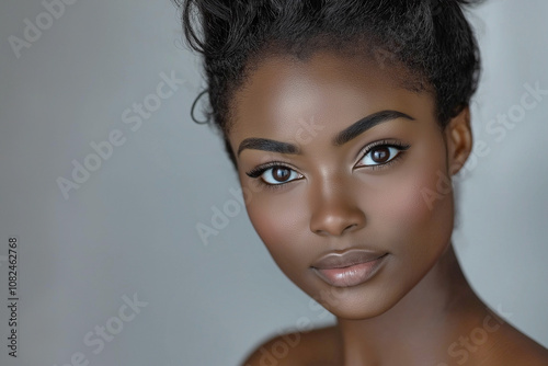 A 25-year-old beautiful female model of African-American appearance. close-up. Kind facial expression on a light background. Advertising banner