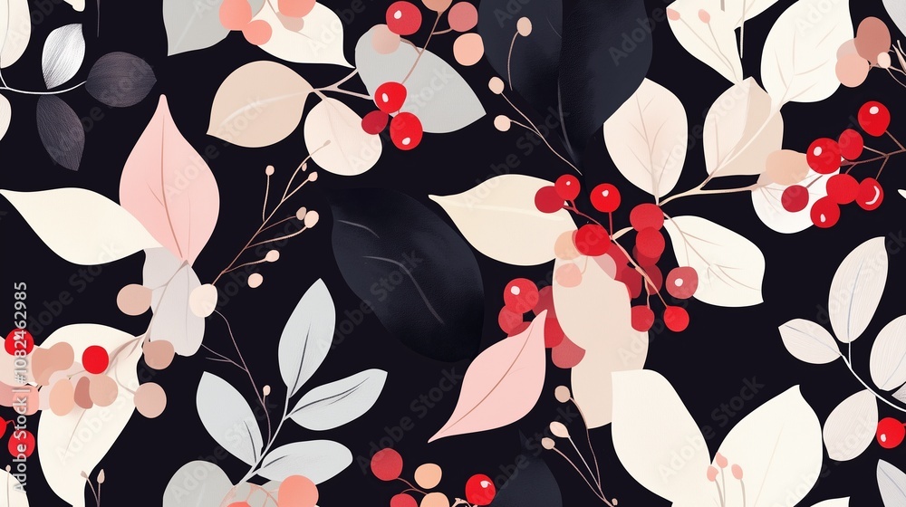 Naklejka premium A seamless pattern featuring red berries and stylized leaves on a black background