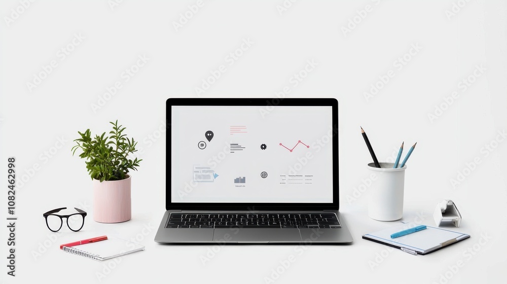 Fototapeta premium Laptop with virtual icons representing SOP elements like workflow, instruction, and quality, enhancing a business professional's structured routine