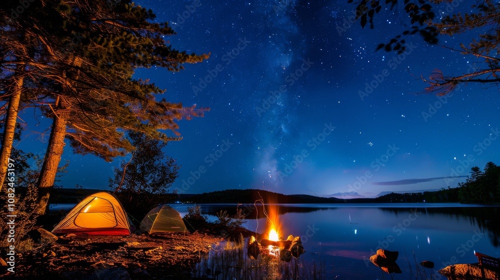 A tranquil lakeside camping retreat under starry skies, Campfire glowing beside tents nestled in the wilderness, Rustic outdoor style A tranquil lakeside camping retreat under starry skies, Campfire glowing beside tents nestled in the wilderness, Rustic outdoor style