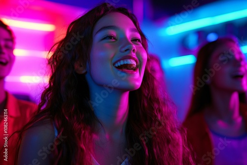 A group of teenagers in a karaoke room at a birthday party, colorful neon lights, close-up on smiling faces as they sing together, diversity and joyful expressions, vibrant and energetic moment 1