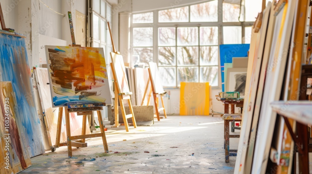 A tranquil painting workshop bathed in natural light, Artists' easels surrounded by canvases in progress, Artistic studio style A tranquil painting workshop bathed in natural light, Artists' easels surrounded by canvases in progress, Artistic studio style