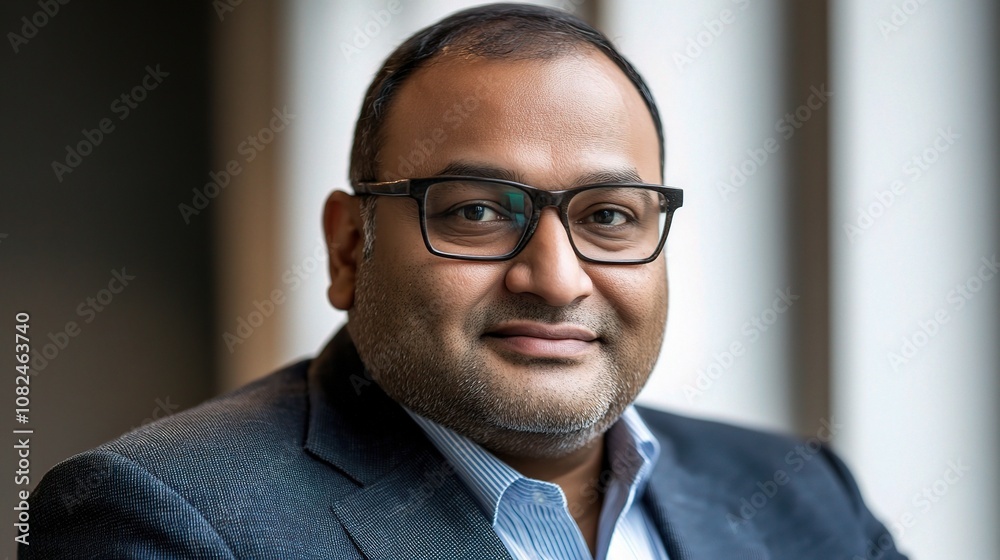 A Smiling South Asian Man Posing Confidently Against a Soft White Background, Ideal for Business and Professional Themes in Various Media A Smiling South Asian Man Posing Confidently Against a Soft White Background, Ideal for Business and Professional Themes in Various Media