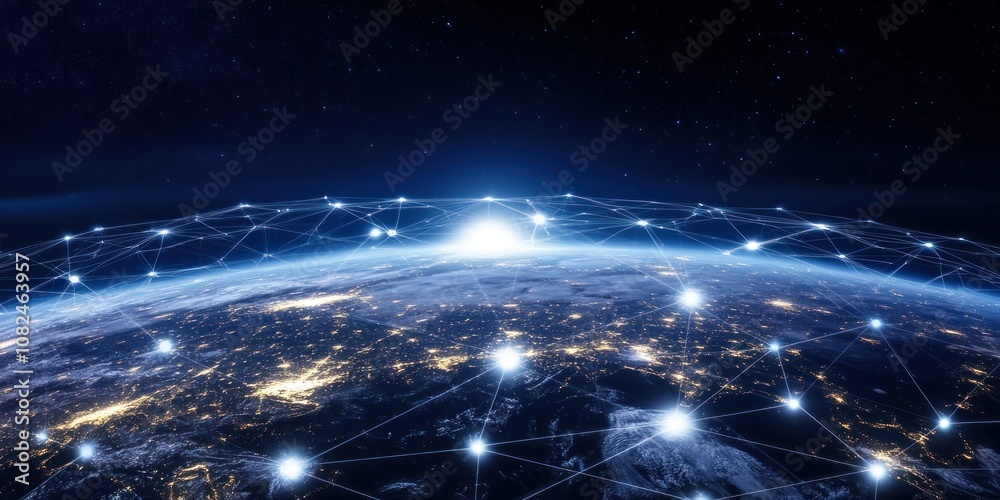 A digital representation of Earth connected by a network of lights, symbolizing global connectivity. A digital representation of Earth connected by a network of lights, symbolizing global connectivity.