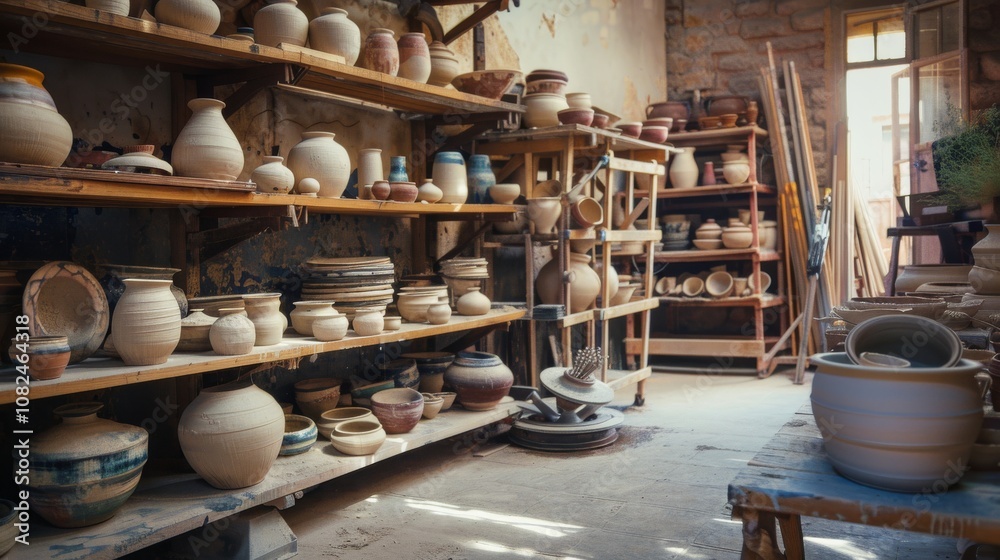A tranquil pottery studio with spinning wheels and shelves of clay pots, Artists shaping clay into intricate designs, Artistic studio style A tranquil pottery studio with spinning wheels and shelves of clay pots, Artists shaping clay into intricate designs, Artistic studio style
