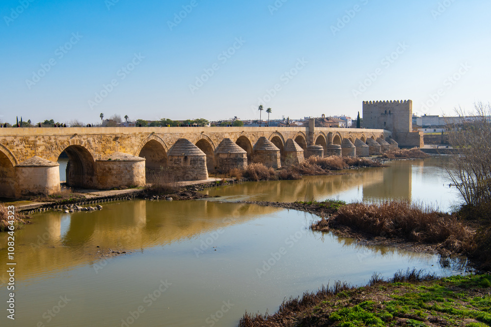 Naklejka premium Scenic view of the historic Puente Romano and La Mezquita Cathedral in the background in Cordoba, Andalusia, Spain at sunny day. Roman Bridge on Guadalquivir river and The Great Mosque.