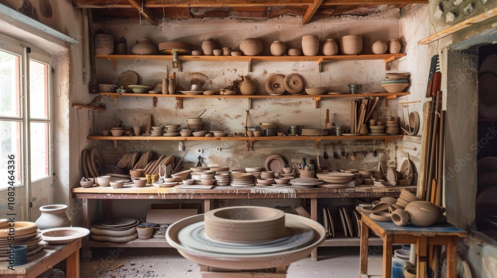 A tranquil pottery studio with spinning wheels and shelves of clay pots, Artists shaping clay into intricate designs, Artistic studio style A tranquil pottery studio with spinning wheels and shelves of clay pots, Artists shaping clay into intricate designs, Artistic studio style