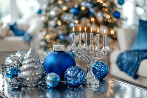 Hanukkah decorations with menorah and blue ornaments on table photo