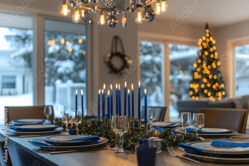 Contemporary dining table with blue Hanukkah candles and winter view photo