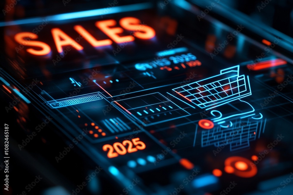Futuristic Digital Dashboard Displaying Sales Data and Projections for 2025 in a High-Tech Environment Futuristic Digital Dashboard Displaying Sales Data and Projections for 2025 in a High-Tech Environment